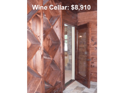 A wine cellar with wood paneling and tile floor.